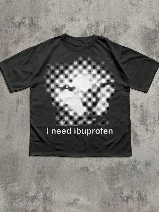 IslaSuriya Funny Ibuprofen Print Black Top,Oversized Cotton T-Shirt For Summer,Casual Streetwear,Halftone Graphic Tee,Y2K Humor,Black And White Style,City Break
