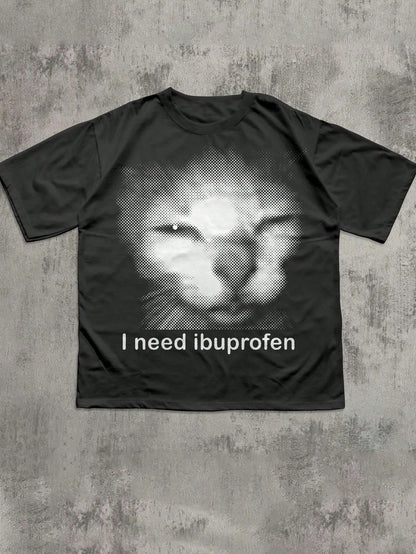 IslaSuriya Funny Ibuprofen Print Black Top,Oversized Cotton T-Shirt For Summer,Casual Streetwear,Halftone Graphic Tee,Y2K Humor,Black And White Style,City Break