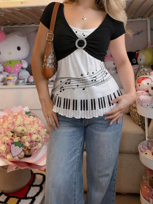 IslaSuriya Women's 2pcs Summer Y2K Retro Quirky Black White Music Note Piano Key Graphic Print Rhinestone O-Ring Shrug And Tank Top Set 2026 Going Out Clothes