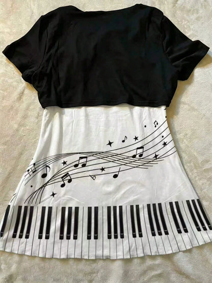IslaSuriya Women's 2pcs Summer Y2K Retro Quirky Black White Music Note Piano Key Graphic Print Rhinestone O-Ring Shrug And Tank Top Set 2026 Going Out Clothes