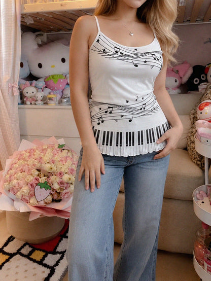 IslaSuriya Women's 2pcs Summer Y2K Retro Quirky Black White Music Note Piano Key Graphic Print Rhinestone O-Ring Shrug And Tank Top Set 2026 Going Out Clothes