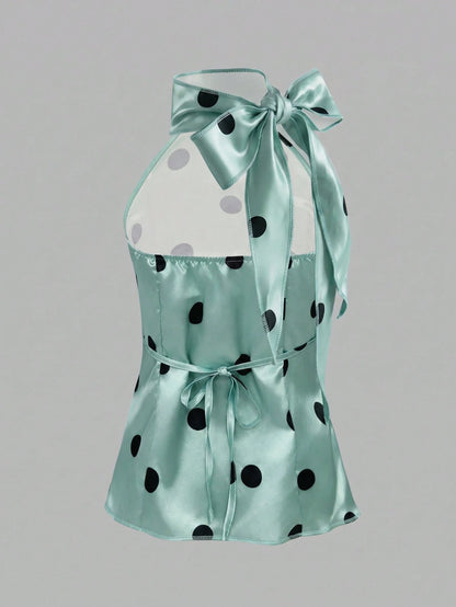 IslaSuriya Women's Elegant Polka Dot Print Halter Neck Tie Top, Summer