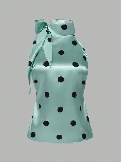 IslaSuriya Women's Elegant Polka Dot Print Halter Neck Tie Top, Summer