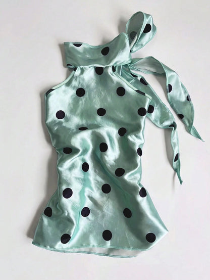 IslaSuriya Women's Elegant Polka Dot Print Halter Neck Tie Top, Summer