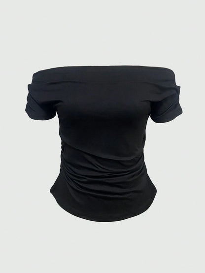 IslaSuriya Women's Solid Color Ruched Off-Shoulder Fashionable T-Shirt