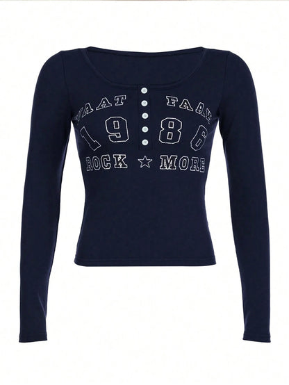 IslaSuriya Women's Spring/Summer Button-Front Letter Print Long Sleeve Slim Fit T-Shirt Graphic Tees Women Tops For Spring Fall For Women