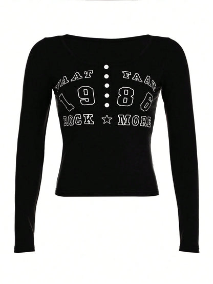 IslaSuriya Women's Spring/Summer Button-Front Letter Print Long Sleeve Slim Fit T-Shirt Graphic Tees Women Tops For Spring Fall For Women