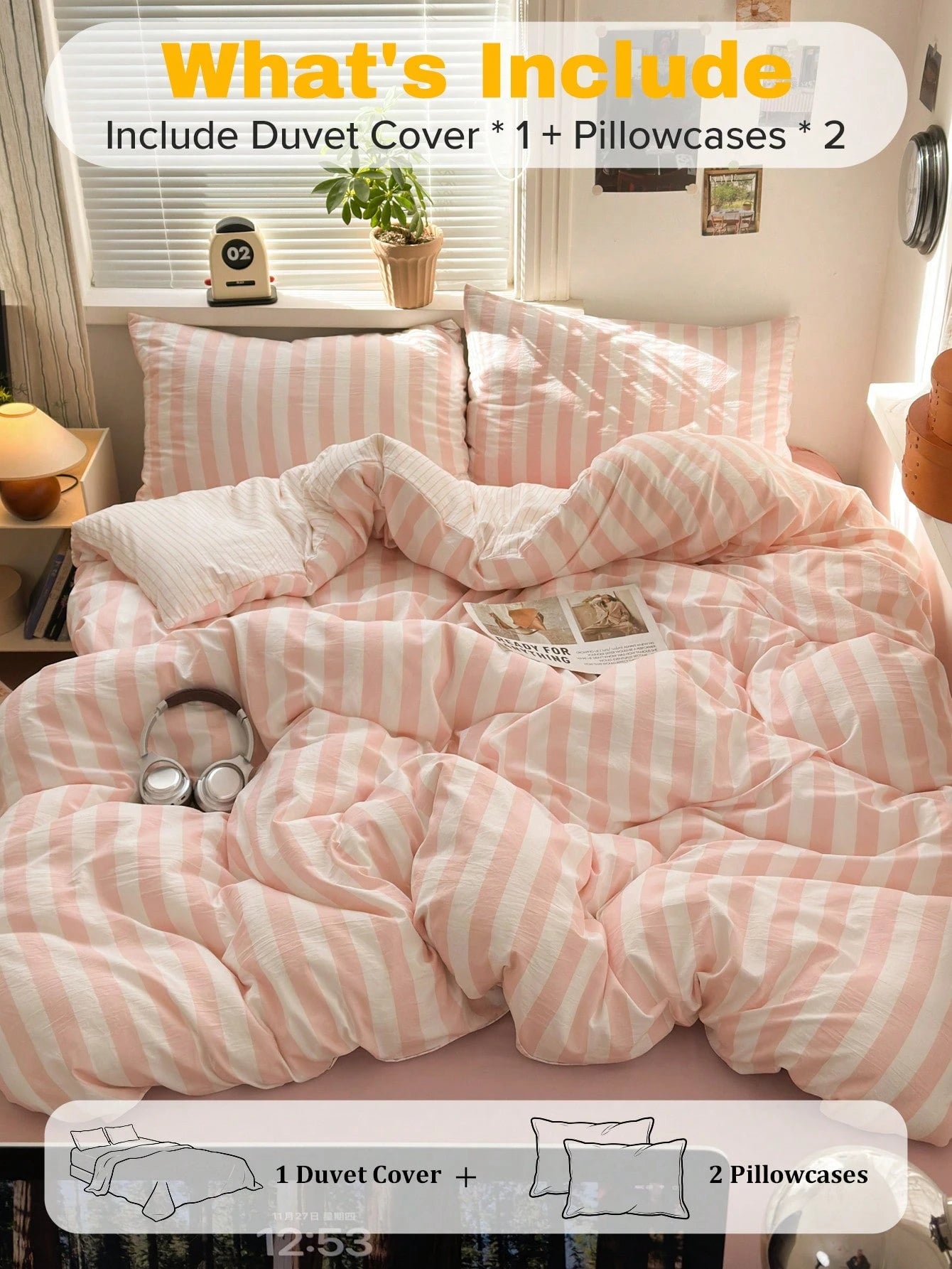 Japanese Minimalist Morandi Peach Pink 3-Piece Washable Polyester Duvet Cover Set, Suitable For All Seasons, Machine Washable, Multiple Sizes Available, Includes 1 Duvet Cover And 2 Pillowcases, Duvet