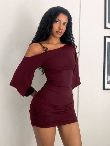 Jeanoix 26 Spring/Summer New Sexy Asymmetrical Shoulder Spaghetti Strap Ring Decor Flared Sleeve Fitted Ruched Mini Dress For Women