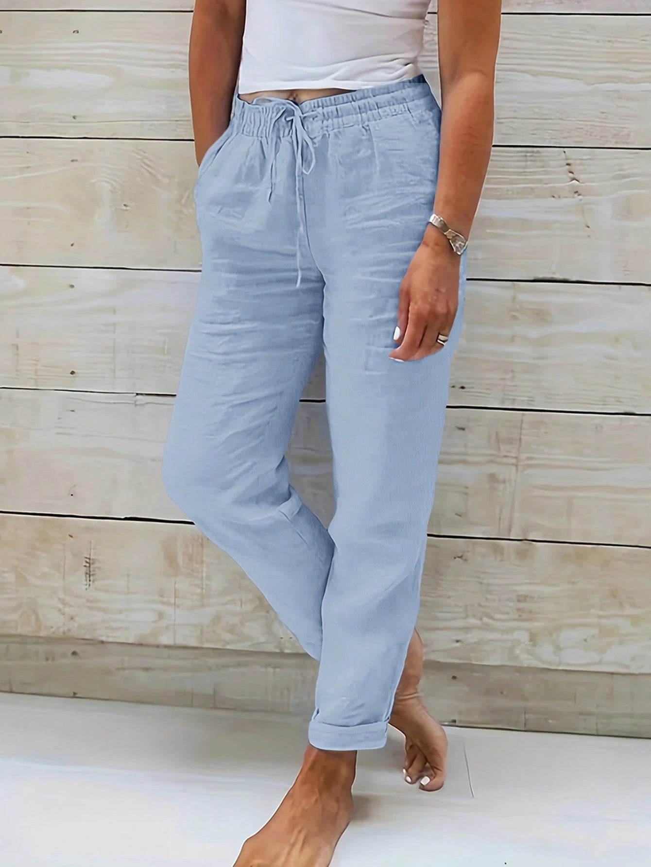Jisfaneya Women's Solid-Color Drawstring Waist Casual Pants With Pockets