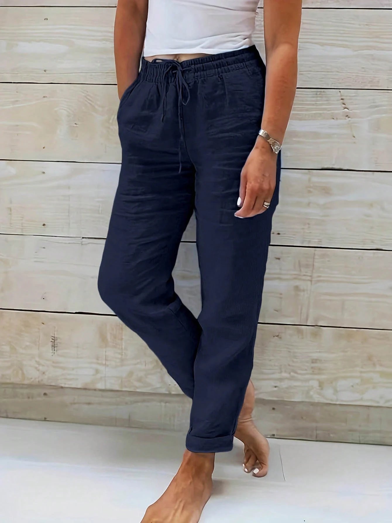Jisfaneya Women's Solid-Color Drawstring Waist Casual Pants With Pockets