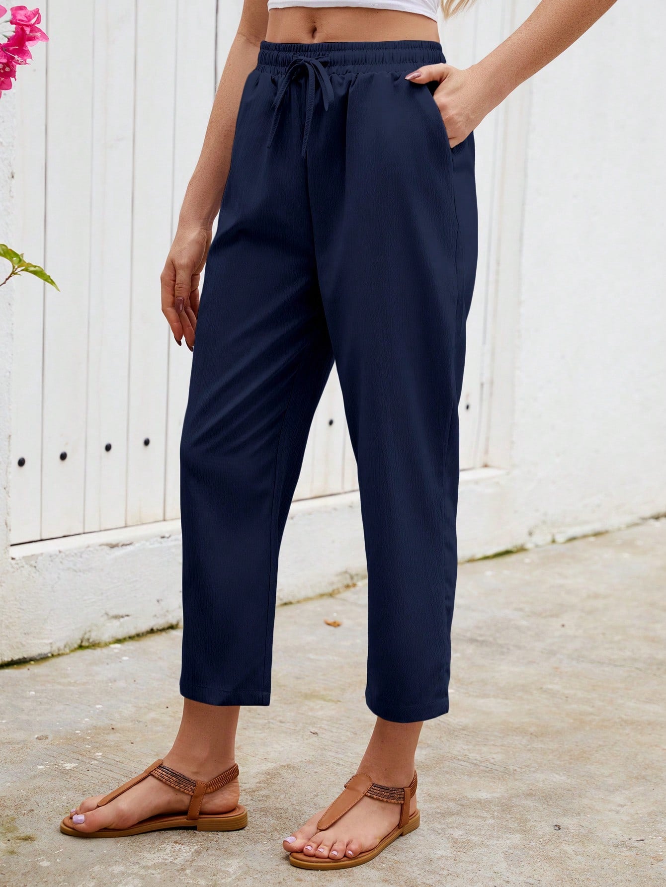 Jisfaneya Women's Solid-Color Drawstring Waist Casual Pants With Pockets