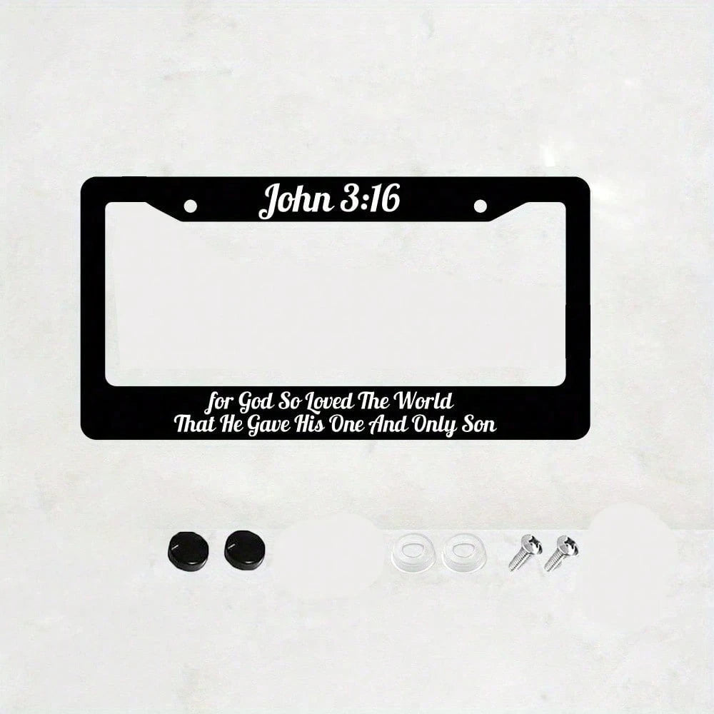 John 3:16 Christian License Plate Frame| "God Loves The World And Has Accomplished Redemption In This Way"- 12x 6inch Aluminum, Black Background With White Text, American And Canadian Standards, Suit