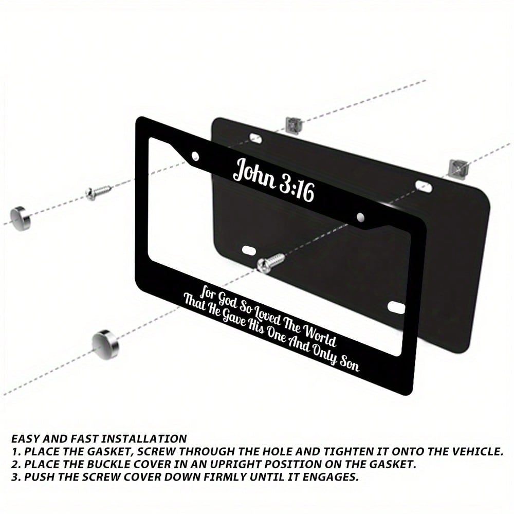 John 3:16 Christian License Plate Frame| "God Loves The World And Has Accomplished Redemption In This Way"- 12x 6inch Aluminum, Black Background With White Text, American And Canadian Standards, Suit