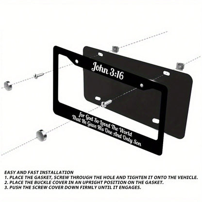 John 3:16 Christian License Plate Frame| "God Loves The World And Has Accomplished Redemption In This Way"- 12x 6inch Aluminum, Black Background With White Text, American And Canadian Standards, Suit