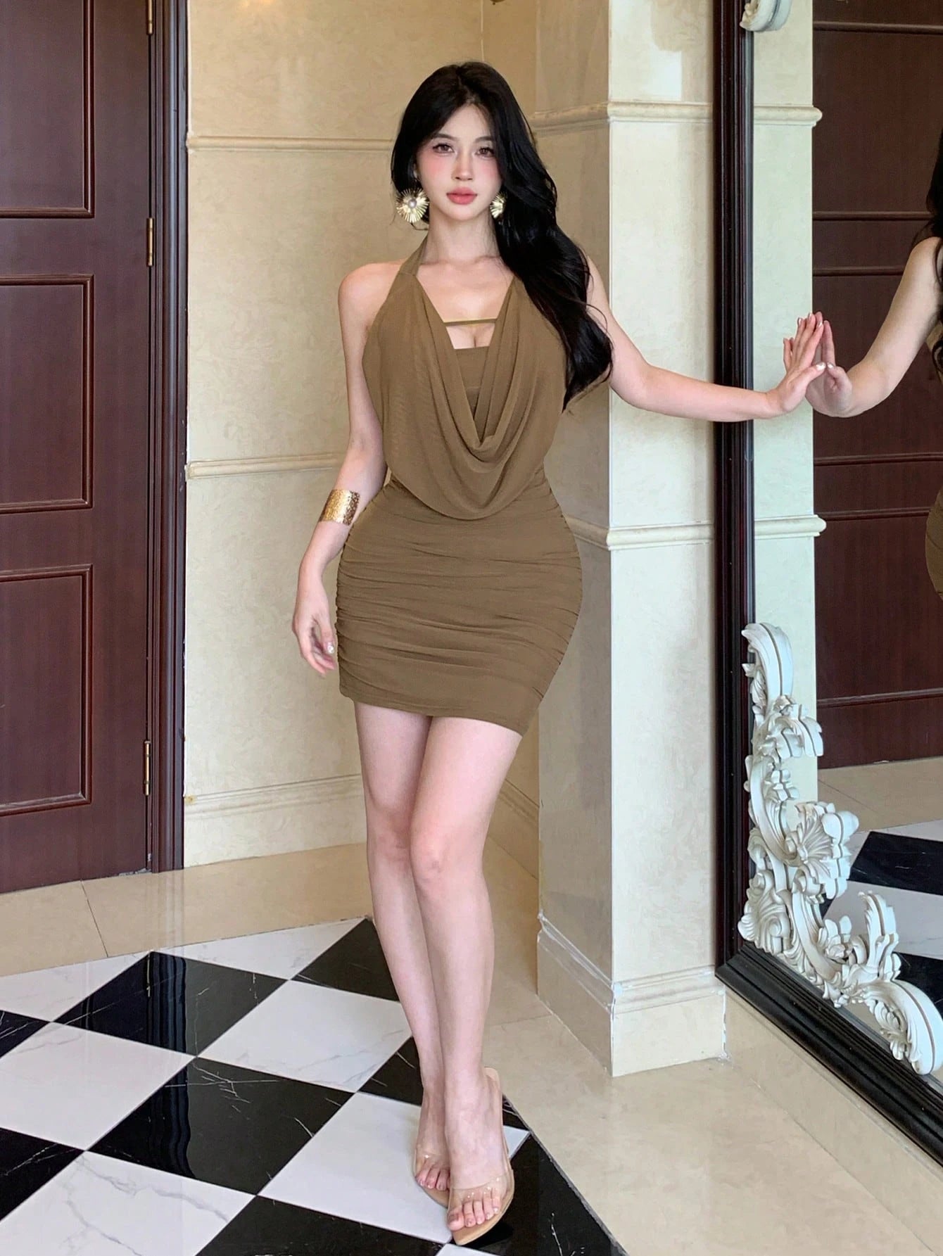 Joudiya Summer Lace-Up Draped Neckline Wedding Club Night Banquet Ball Gown Evening Fashion Party Waist-Cinching Spaghetti Strap Women's Dress Coffee Brown