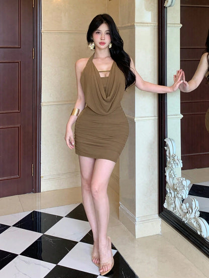 Joudiya Summer Lace-Up Draped Neckline Wedding Club Night Banquet Ball Gown Evening Fashion Party Waist-Cinching Spaghetti Strap Women's Dress Coffee Brown