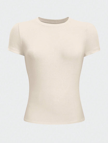 Jouncy Women's Solid Color Fitted Crew Neck T-Shirt, Minimalist Fashion Casual Daily Wear