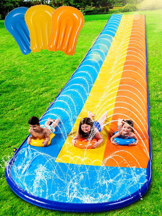 Joyfy 22.5ft Triple Water Slide And 3 Body Boards, Backyard Lawn Water Slides With Outdoor Slip Sprinkler For Kids Adults Summer Water Fun Toy