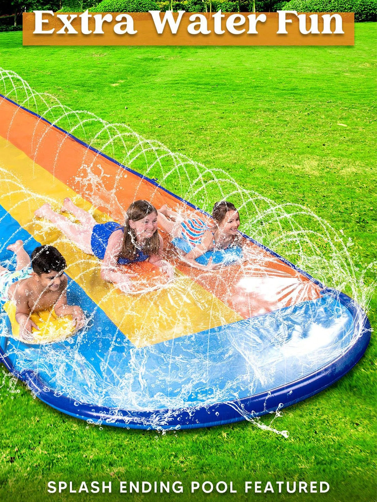 Joyfy 22.5ft Triple Water Slide And 3 Body Boards, Backyard Lawn Water Slides With Outdoor Slip Sprinkler For Kids Adults Summer Water Fun Toy
