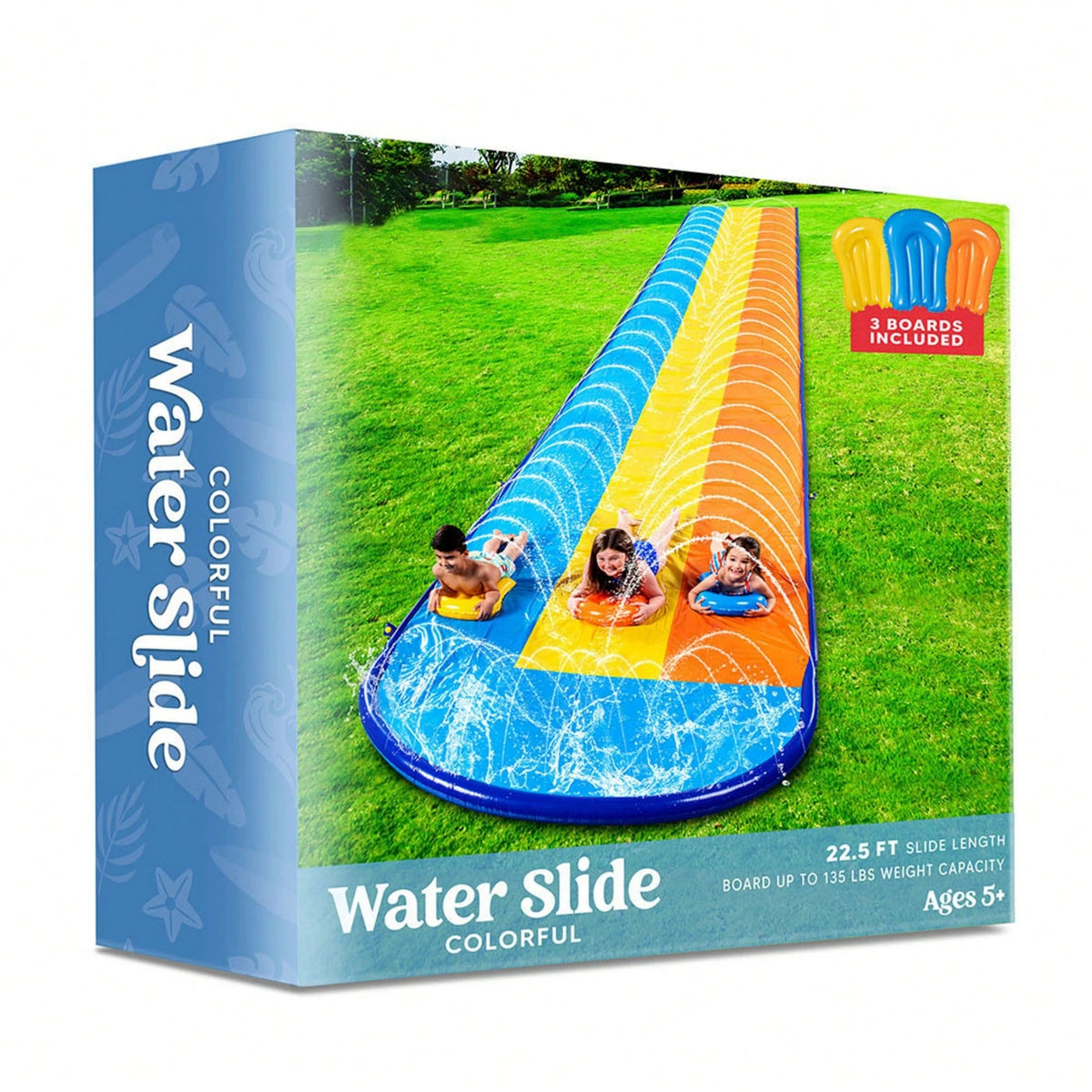 Joyfy 22.5ft Triple Water Slide And 3 Body Boards, Backyard Lawn Water Slides With Outdoor Slip Sprinkler For Kids Adults Summer Water Fun Toy