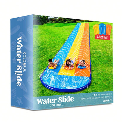 Joyfy 22.5ft Triple Water Slide And 3 Body Boards, Backyard Lawn Water Slides With Outdoor Slip Sprinkler For Kids Adults Summer Water Fun Toy