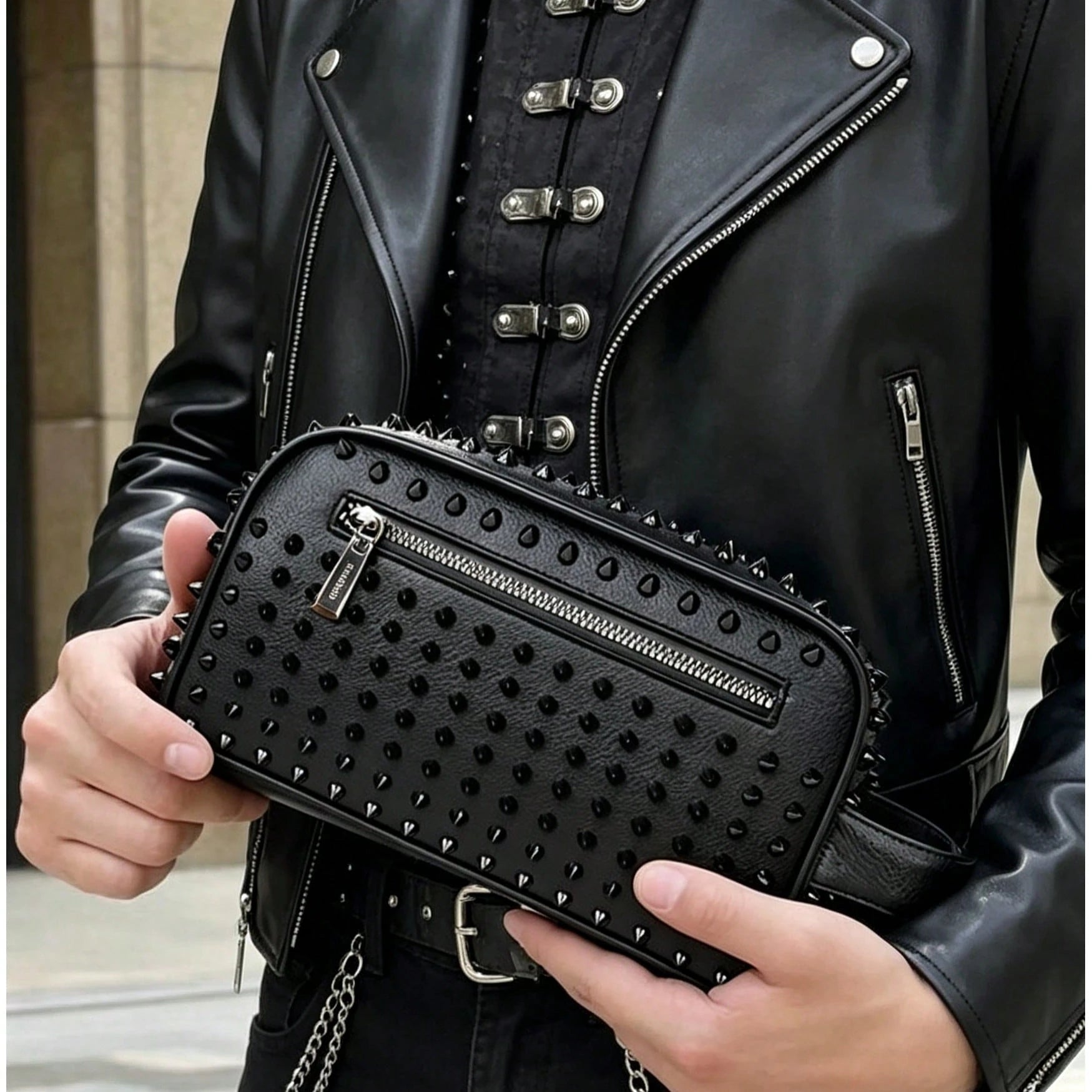 KAIDUCH Men's Clutch Bag Punk Style Clutch Bag Large Capacity Multi-Compartment Men's Handbag For Daily Commuting Portable Phone Case Stylish Zipper Pocket