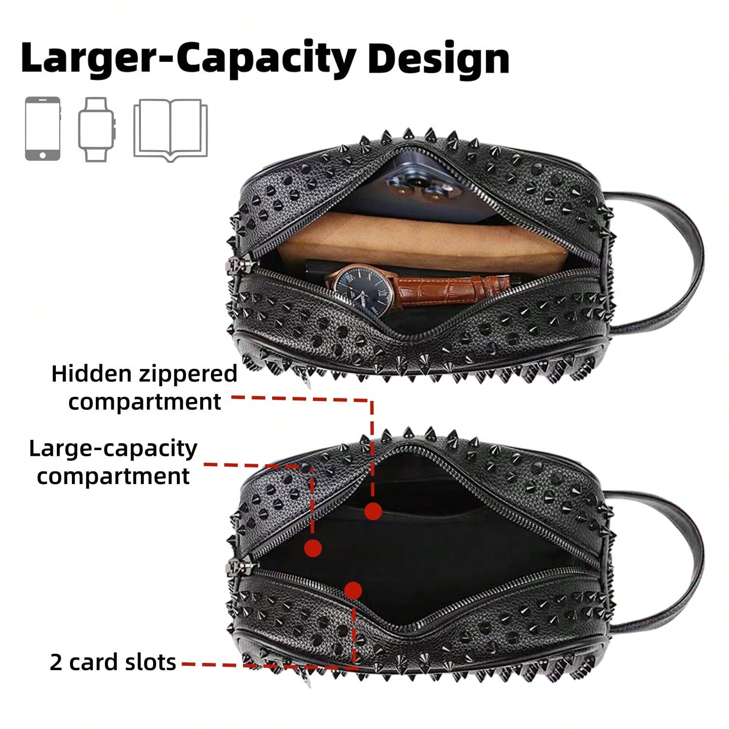 KAIDUCH Men's Clutch Bag Punk Style Clutch Bag Large Capacity Multi-Compartment Men's Handbag For Daily Commuting Portable Phone Case Stylish Zipper Pocket