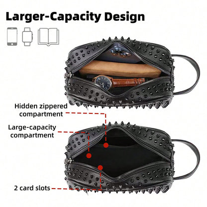KAIDUCH Men's Clutch Bag Punk Style Clutch Bag Large Capacity Multi-Compartment Men's Handbag For Daily Commuting Portable Phone Case Stylish Zipper Pocket