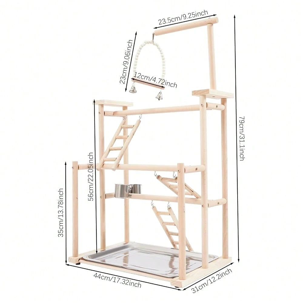 Kangten 31" Parrot Stand, Bird Playstand With Feeding Cups, Stainless Steel Tray, Wood Bird Perch Gym With Wooden Perches, Swing & Ladder For Parrots, Parakeets, Cockatiels, Small Birds A Nice Gift