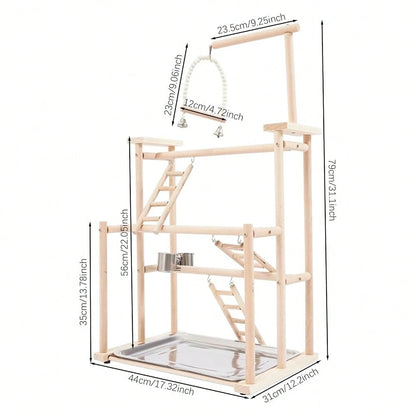 Kangten 31" Parrot Stand, Bird Playstand With Feeding Cups, Stainless Steel Tray, Wood Bird Perch Gym With Wooden Perches, Swing & Ladder For Parrots, Parakeets, Cockatiels, Small Birds A Nice Gift