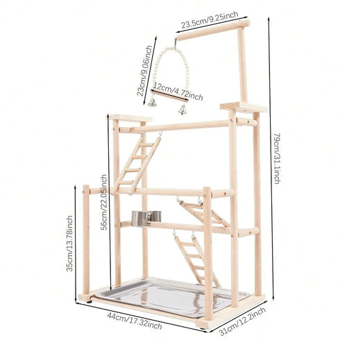 Kangten 31" Parrot Stand, Bird Playstand With Feeding Cups, Stainless Steel Tray, Wood Bird Perch Gym With Wooden Perches, Swing & Ladder For Parrots, Parakeets, Cockatiels, Small Birds A Nice Gift