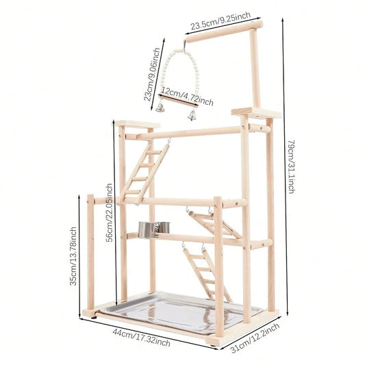 Kangten 31" Parrot Stand, Bird Playstand With Feeding Cups, Stainless Steel Tray, Wood Bird Perch Gym With Wooden Perches, Swing & Ladder For Parrots, Parakeets, Cockatiels, Small Birds A Nice Gift