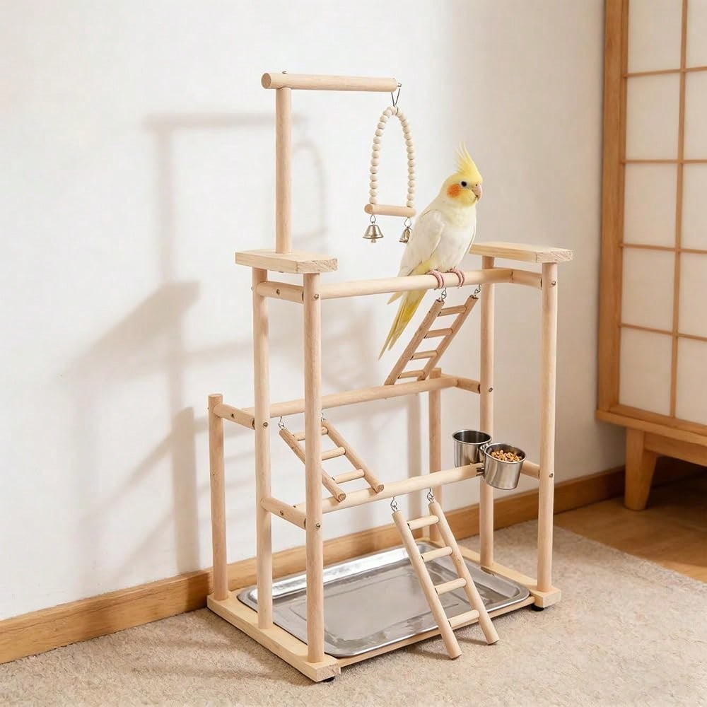 Kangten 31" Parrot Stand, Bird Playstand With Feeding Cups, Stainless Steel Tray, Wood Bird Perch Gym With Wooden Perches, Swing & Ladder For Parrots, Parakeets, Cockatiels, Small Birds A Nice Gift