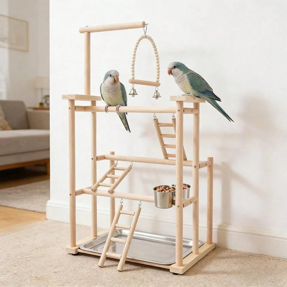 Kangten 31" Parrot Stand, Bird Playstand With Feeding Cups, Stainless Steel Tray, Wood Bird Perch Gym With Wooden Perches, Swing & Ladder For Parrots, Parakeets, Cockatiels, Small Birds A Nice Gift