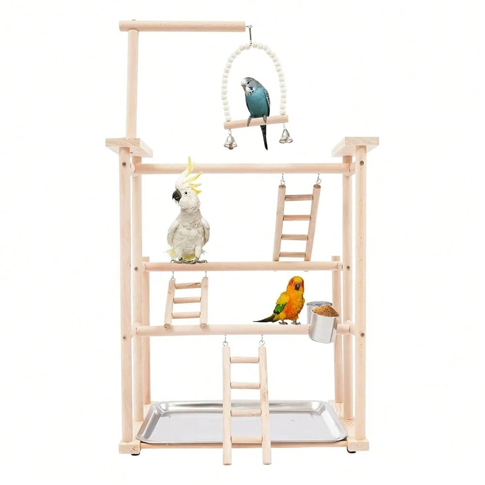 Kangten 31" Parrot Stand, Bird Playstand With Feeding Cups, Stainless Steel Tray, Wood Bird Perch Gym With Wooden Perches, Swing & Ladder For Parrots, Parakeets, Cockatiels, Small Birds A Nice Gift