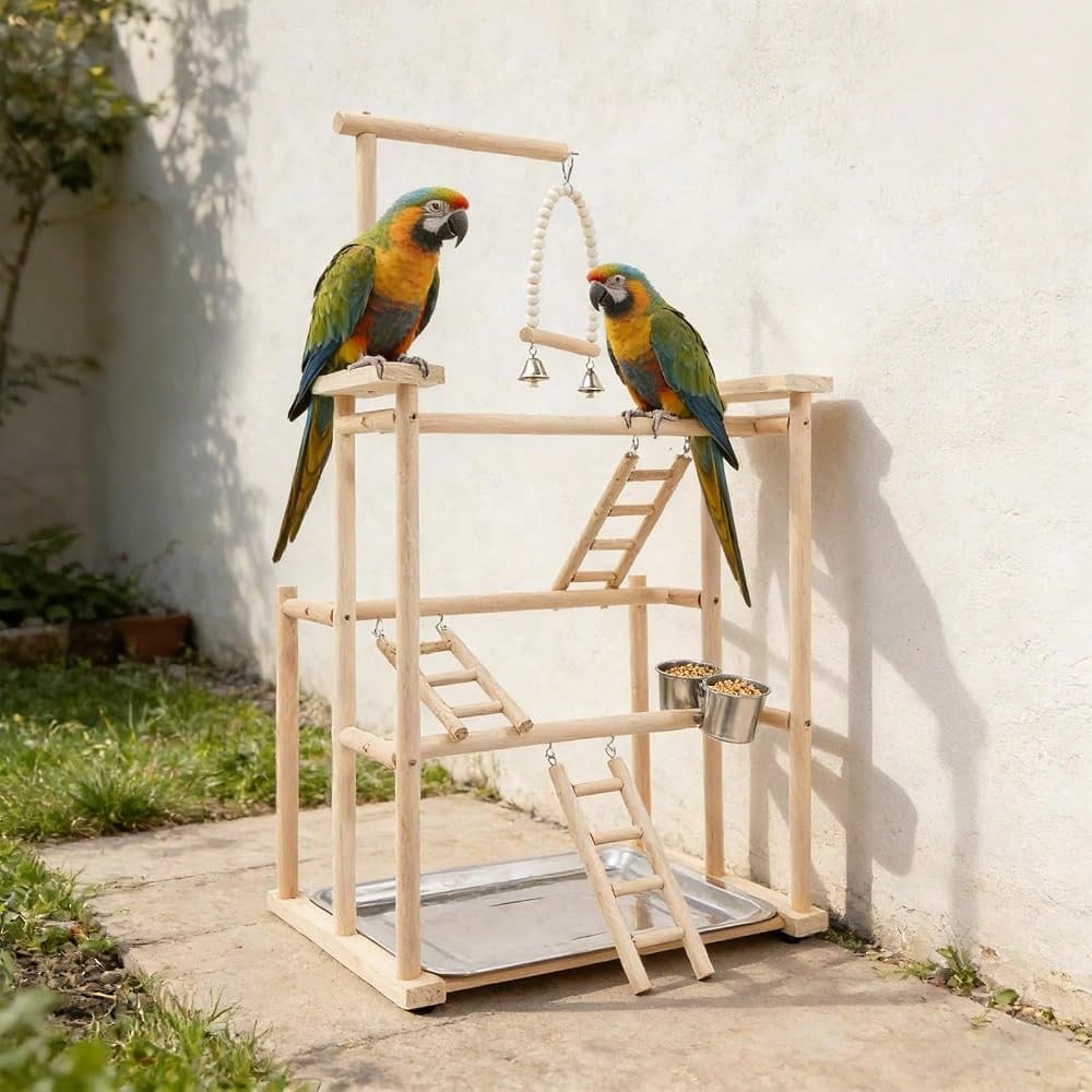 Kangten 31" Parrot Stand, Bird Playstand With Feeding Cups, Stainless Steel Tray, Wood Bird Perch Gym With Wooden Perches, Swing & Ladder For Parrots, Parakeets, Cockatiels, Small Birds A Nice Gift