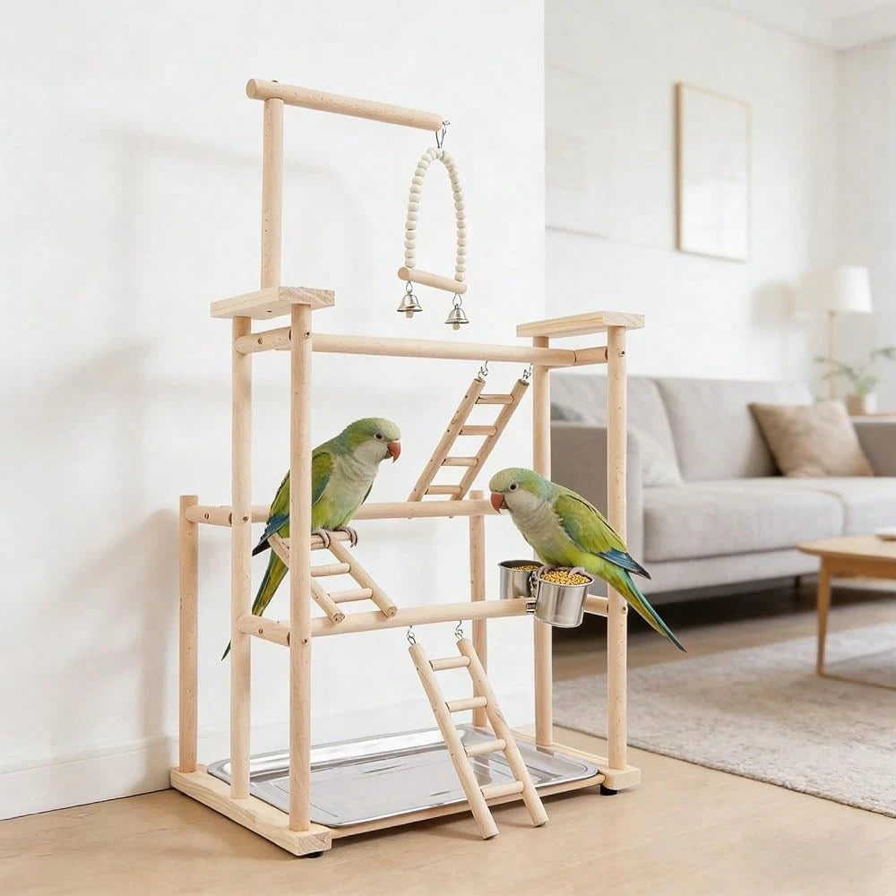 Kangten 31" Parrot Stand, Bird Playstand With Feeding Cups, Stainless Steel Tray, Wood Bird Perch Gym With Wooden Perches, Swing & Ladder For Parrots, Parakeets, Cockatiels, Small Birds A Nice Gift