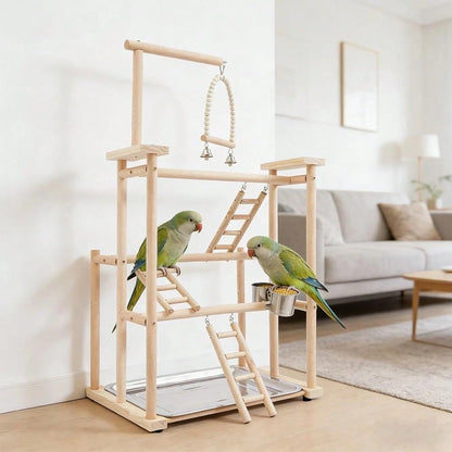 Kangten 31" Parrot Stand, Bird Playstand With Feeding Cups, Stainless Steel Tray, Wood Bird Perch Gym With Wooden Perches, Swing & Ladder For Parrots, Parakeets, Cockatiels, Small Birds A Nice Gift