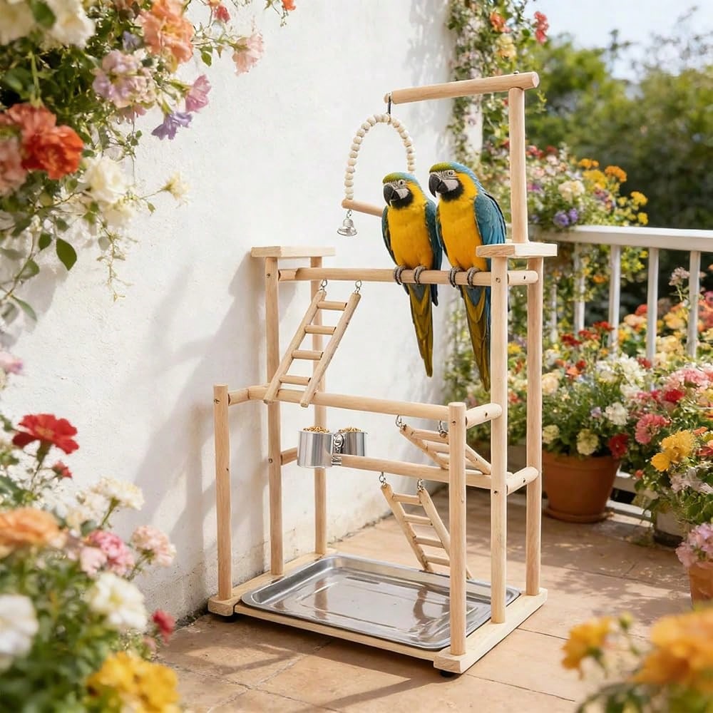 Kangten 31" Parrot Stand, Bird Playstand With Feeding Cups, Stainless Steel Tray, Wood Bird Perch Gym With Wooden Perches, Swing & Ladder For Parrots, Parakeets, Cockatiels, Small Birds A Nice Gift