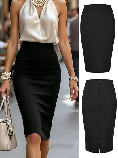 Kayi Solid Color Zipper Slit Elastic Fabric Black Pencil Skirt, Elegant Casual Office Commute Spring Summer Women's