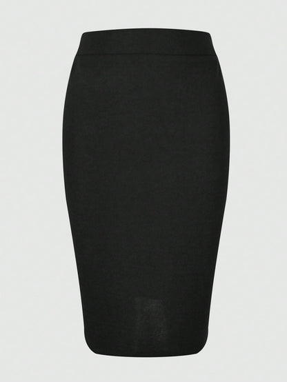 Kayi Solid Color Zipper Slit Elastic Fabric Black Pencil Skirt, Elegant Casual Office Commute Spring Summer Women's