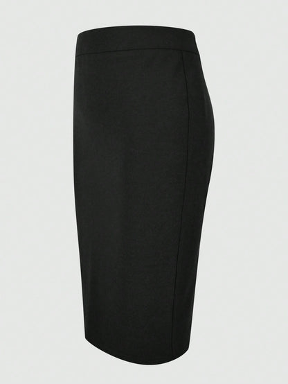 Kayi Solid Color Zipper Slit Elastic Fabric Black Pencil Skirt, Elegant Casual Office Commute Spring Summer Women's