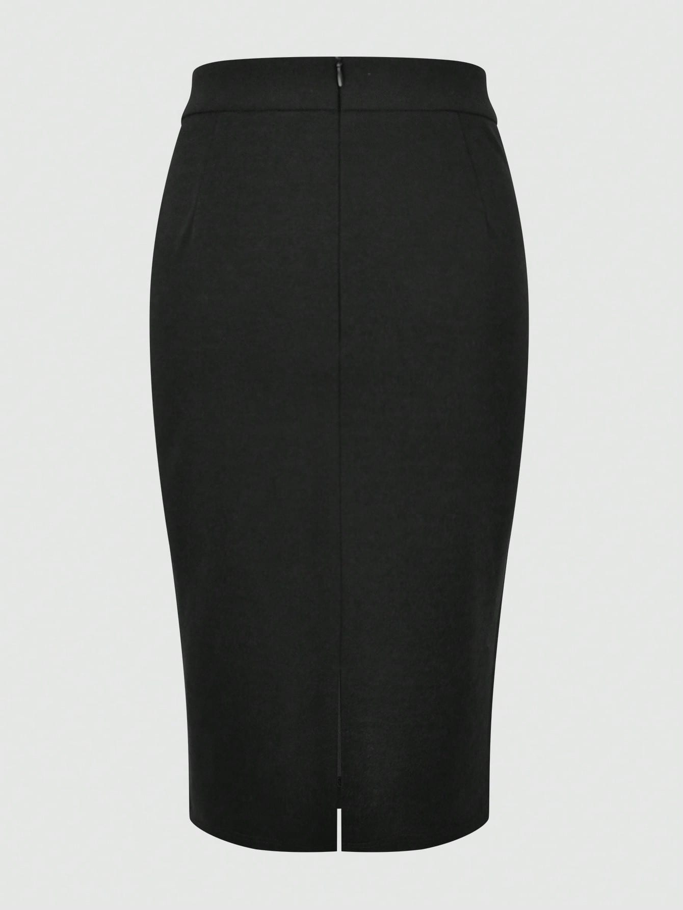 Kayi Solid Color Zipper Slit Elastic Fabric Black Pencil Skirt, Elegant Casual Office Commute Spring Summer Women's