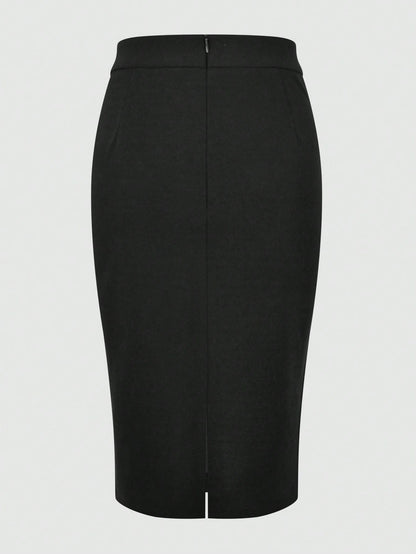 Kayi Solid Color Zipper Slit Elastic Fabric Black Pencil Skirt, Elegant Casual Office Commute Spring Summer Women's
