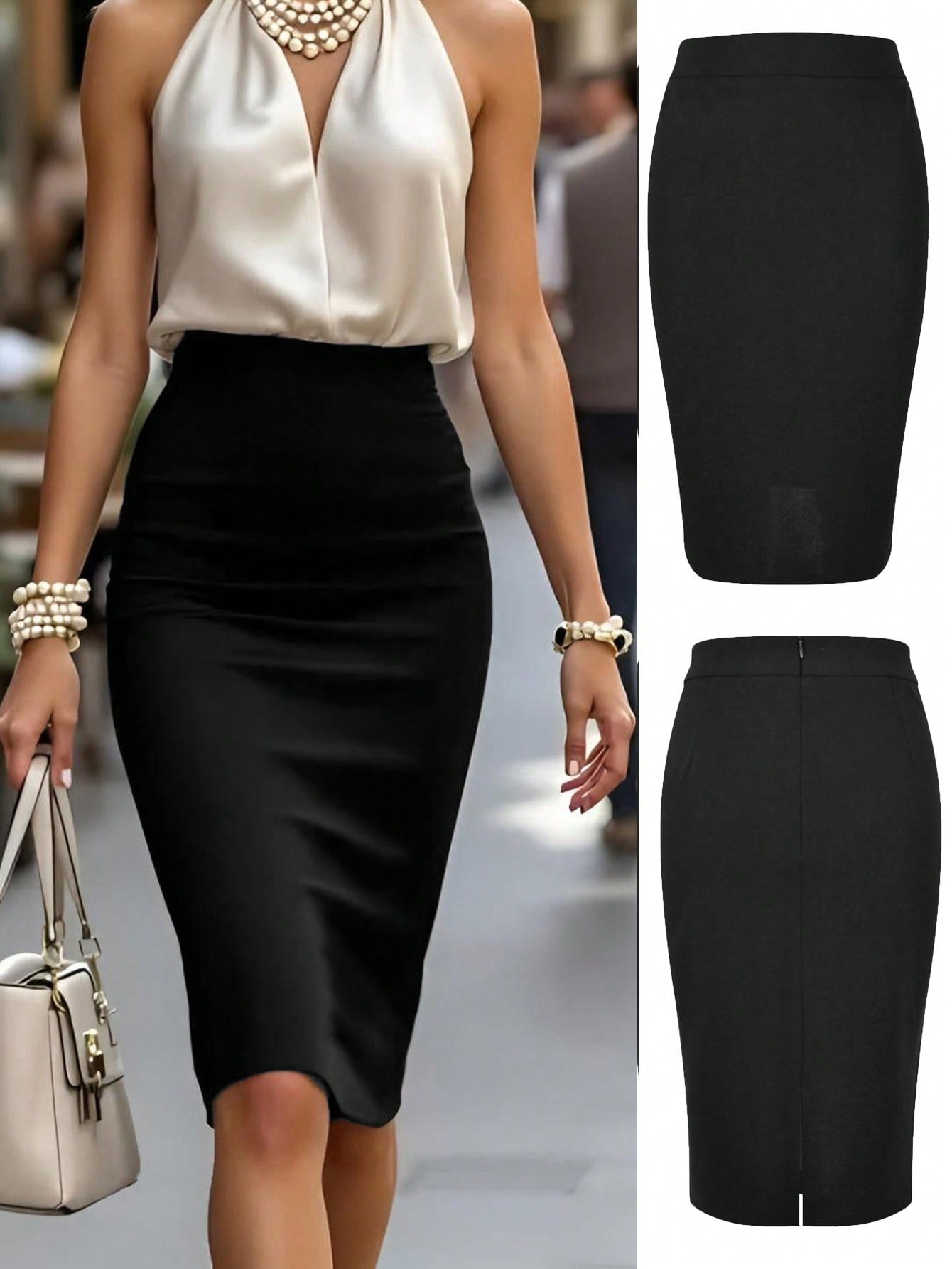 Kayi Solid Color Zipper Slit Elastic Fabric Black Pencil Skirt, Elegant Casual Office Commute Spring Summer Women's
