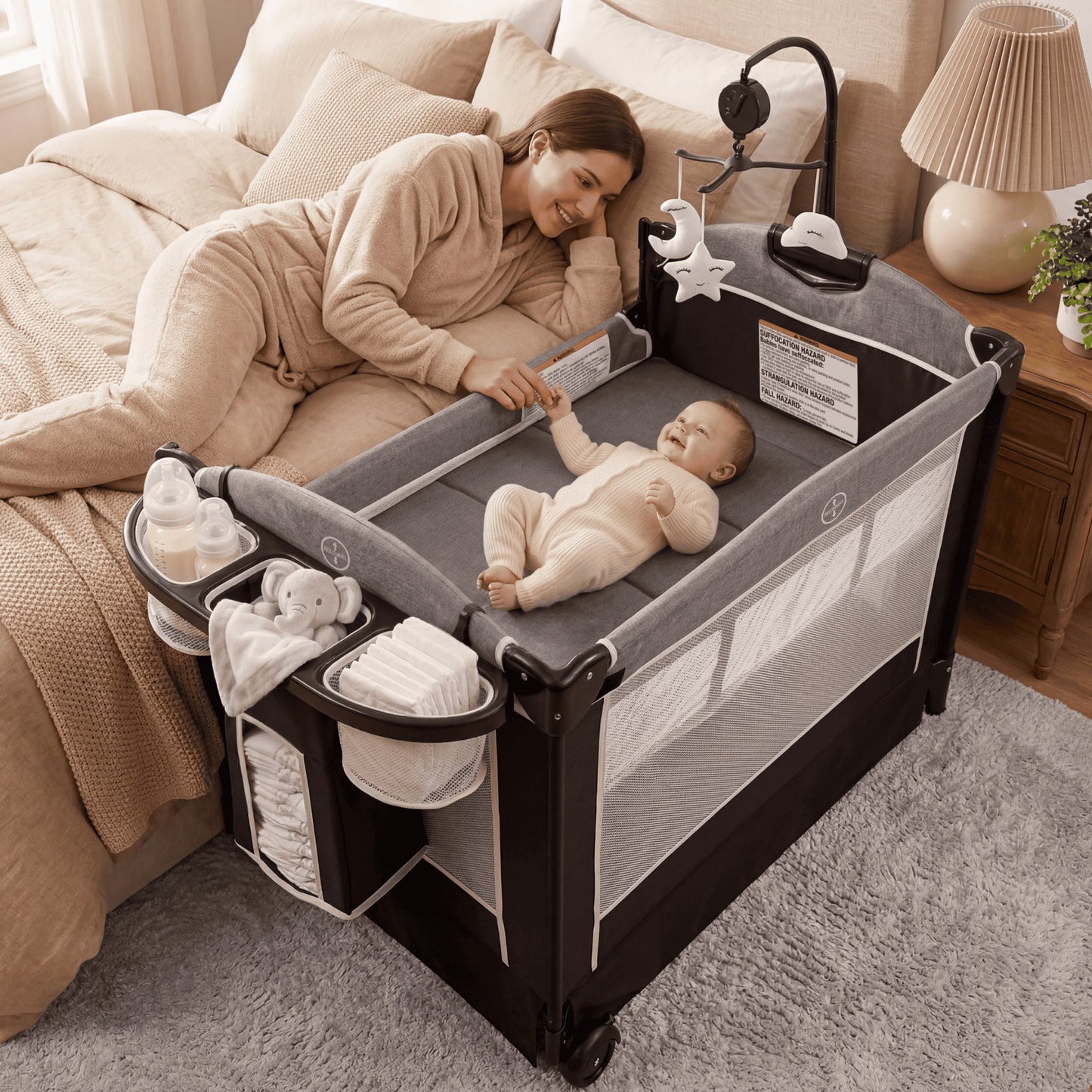 Kinder King 4 In 1 Baby Bassinet Bedside Crib, Foldable Portable Infant Crib With Storage Basket For Newborns, Dark Grey