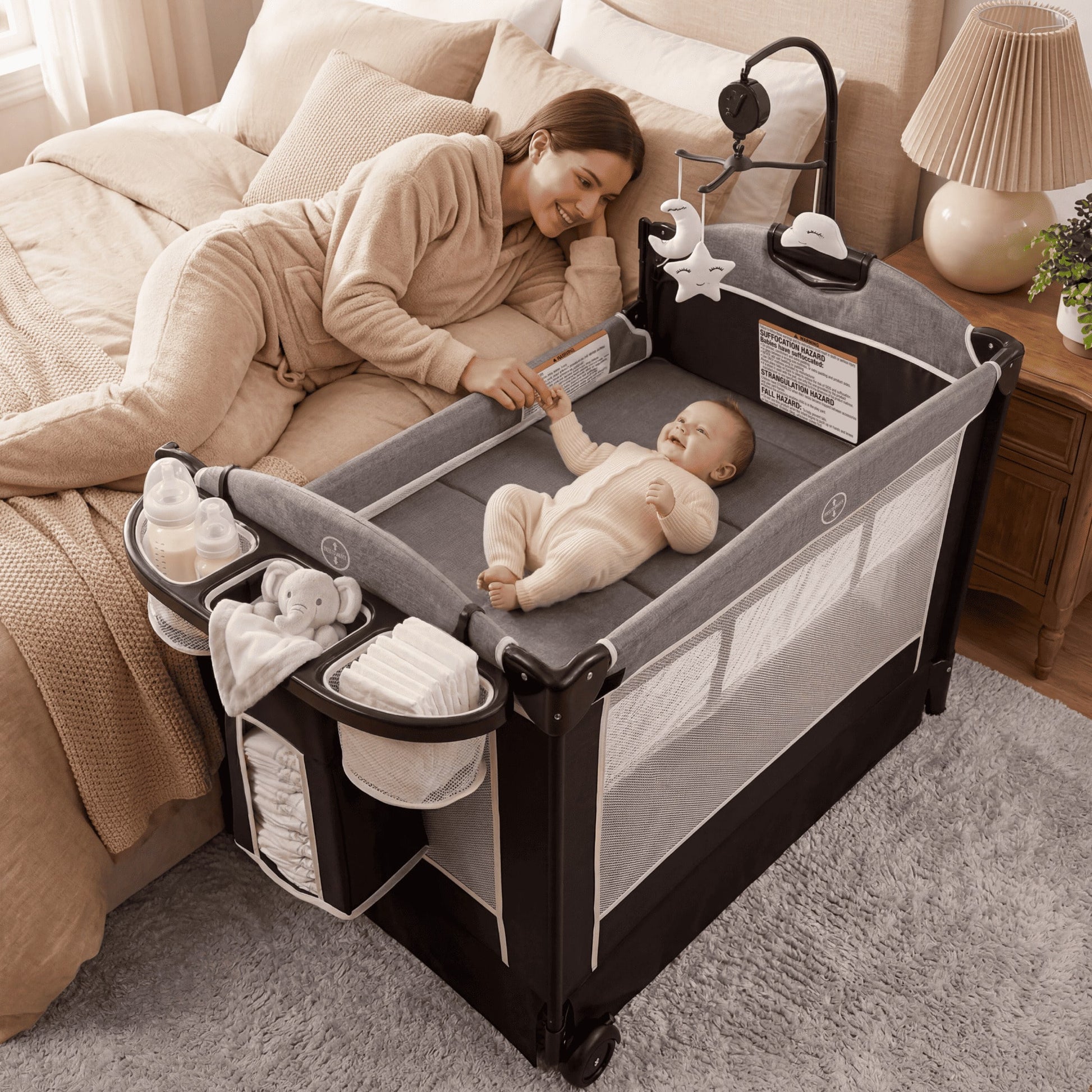 Kinder King 4 In 1 Baby Bassinet Bedside Crib, Foldable Portable Infant Crib With Storage Basket For Newborns, Dark Grey