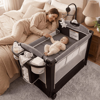 Kinder King 4 In 1 Baby Bassinet Bedside Crib, Foldable Portable Infant Crib With Storage Basket For Newborns, Dark Grey