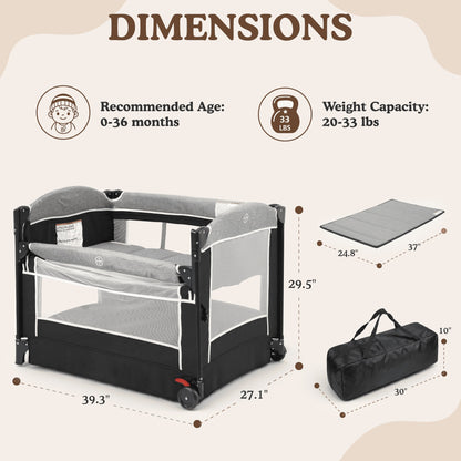 Kinder King 4 In 1 Baby Bassinet Bedside Crib, Foldable Portable Infant Crib With Storage Basket For Newborns, Dark Grey